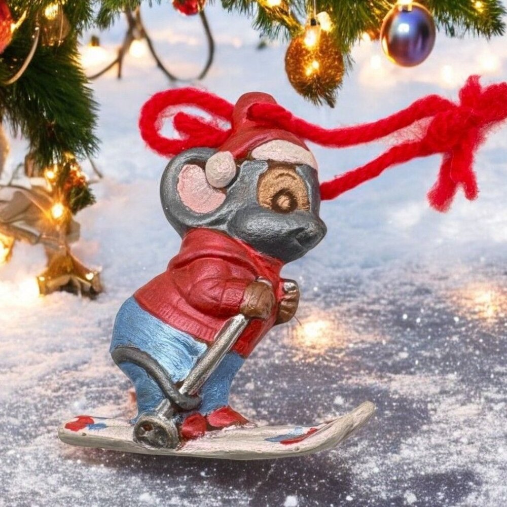 Vintage Mouse Skier Christmas Tree Ornament Hand Painted Skiing